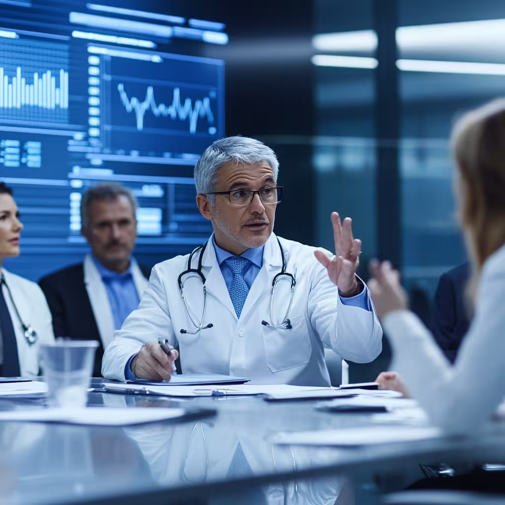 Senior doctor discussing healthcare M&A strategies with executives in a boardroom.