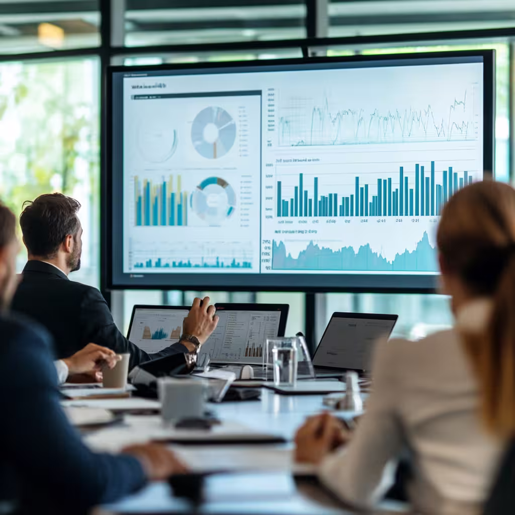 Professionals analyze financial charts on a screen, discussing post-acquisition strategy in a private equity meeting.