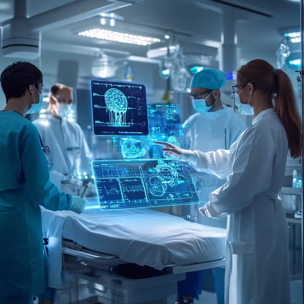 Doctors using advanced AI holographic displays for medical diagnostics in a futuristic high-tech healthcare setting.