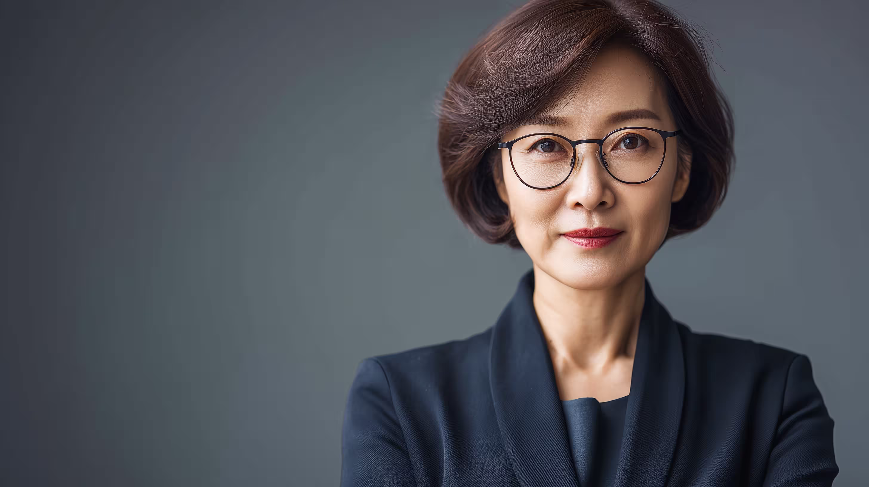 Mature Asian woman with glasses staring confidently representing impact on what a leadership coach can do.
