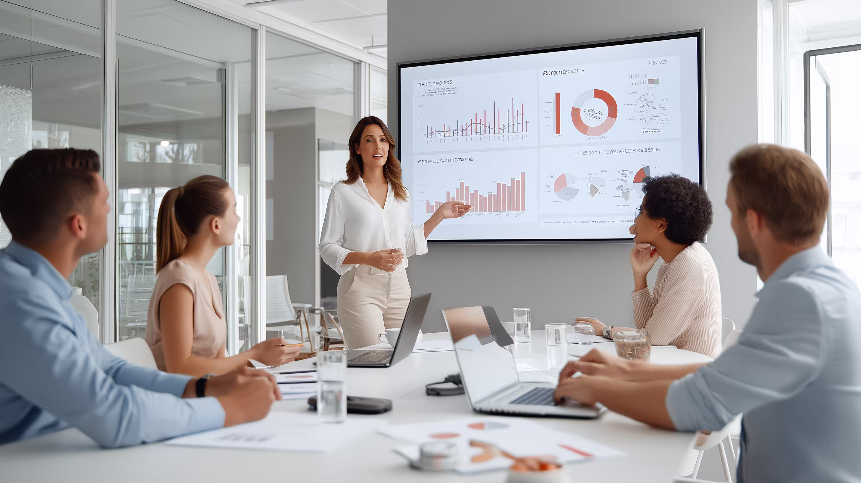 An executive business coach facilitating a team discussion around growth metrics during a leadership training session.
