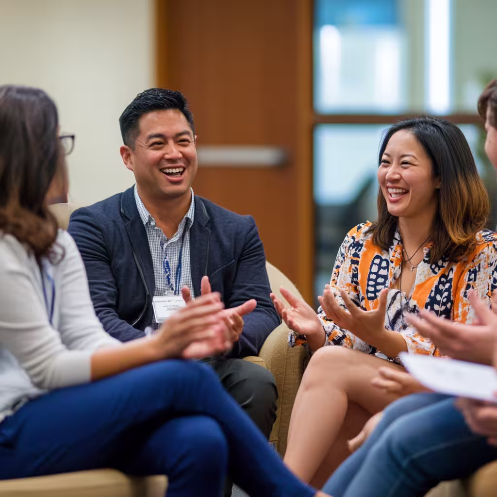 Facilitator leading a group session in a professional setting, illustrating the interactive nature of leadership training programs.