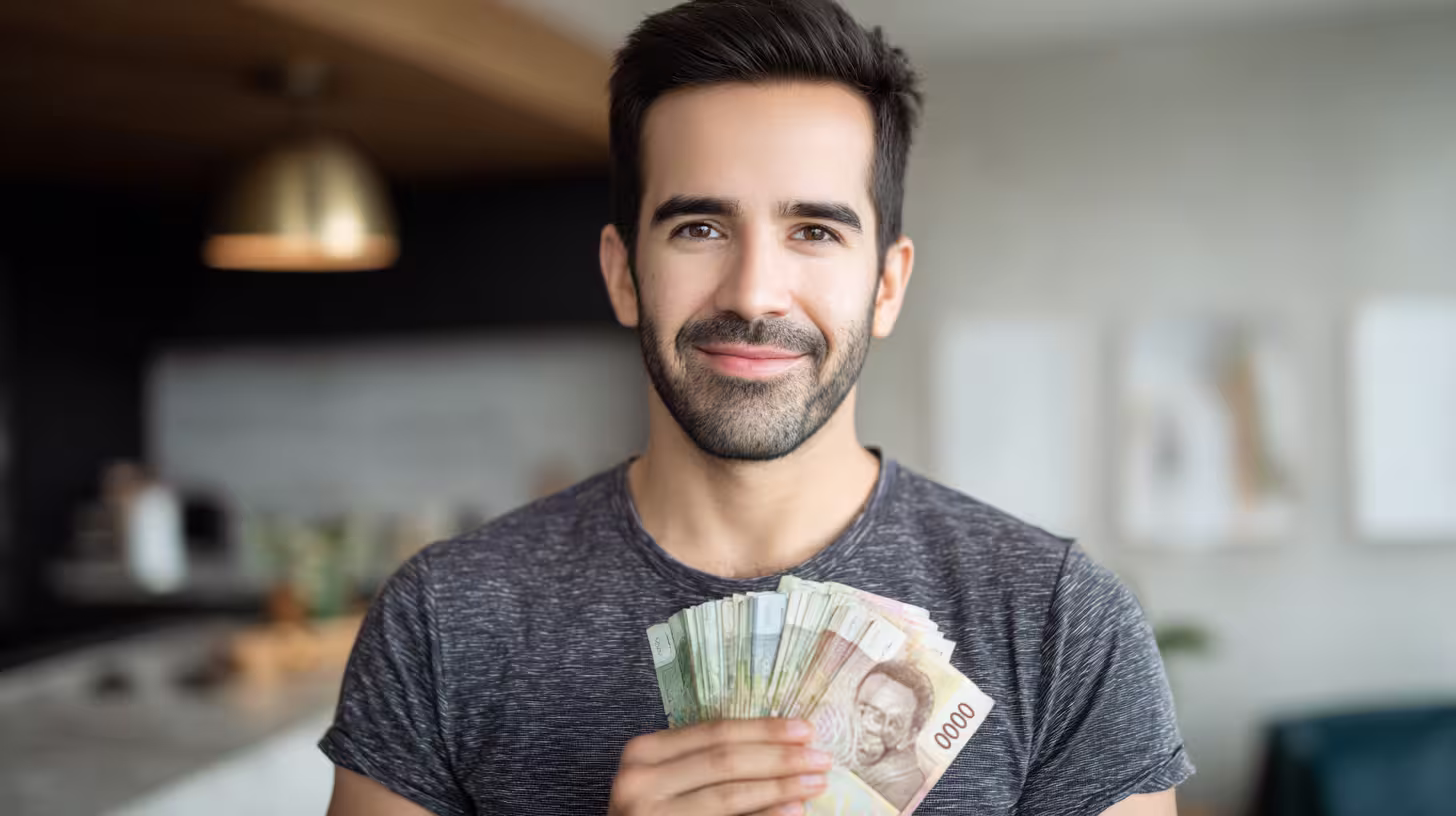 Executive coaching participant holding fanned dollar bills, representing getting money back for executive coaching.
