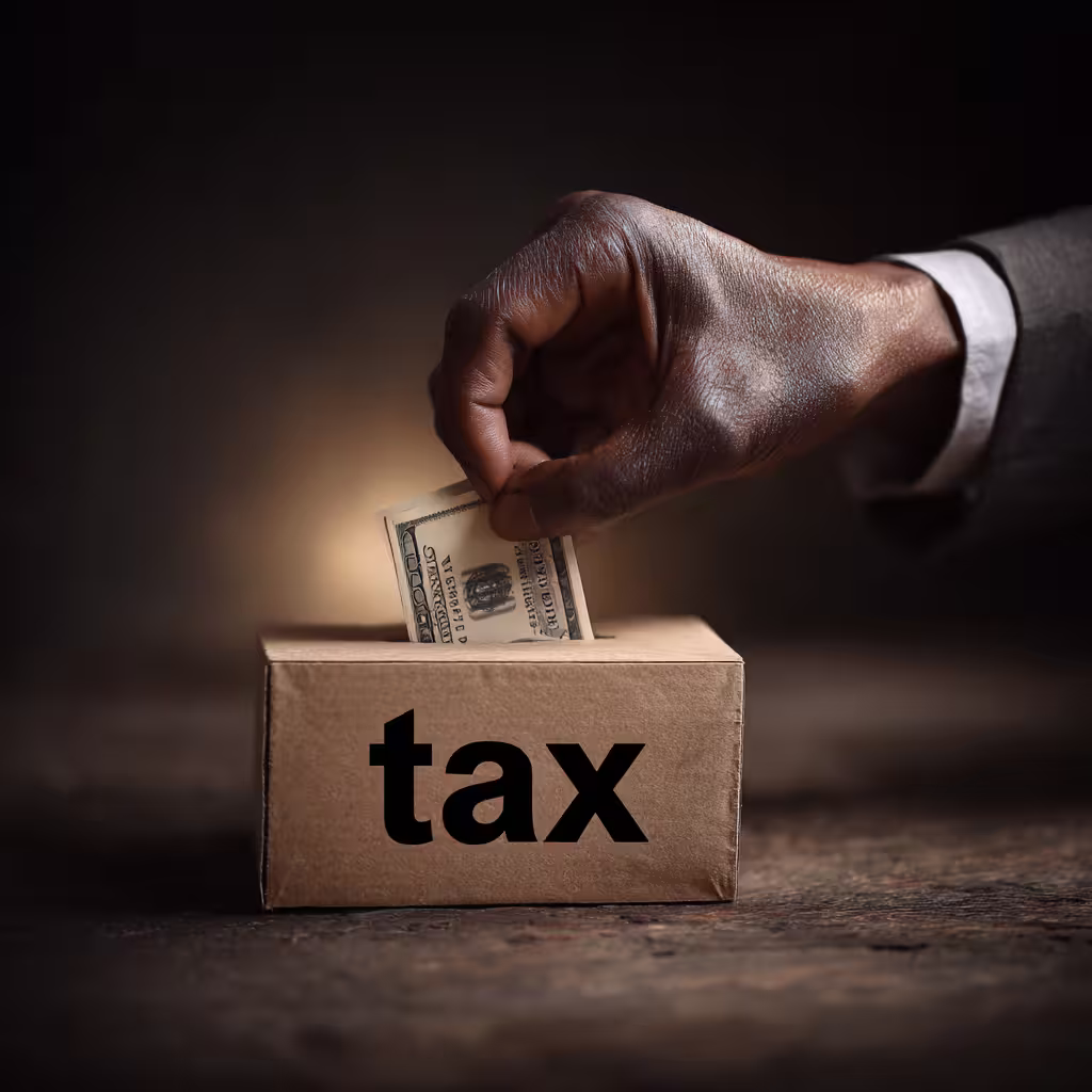 Hand from the finance team taking money out of a box labeled tax as if getting money back from a business expense.