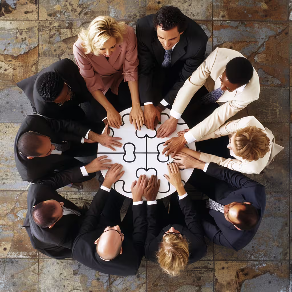 Leadership development round table, filled with diverse leaders, looking down in a birds-eye view representing leadership growth environment