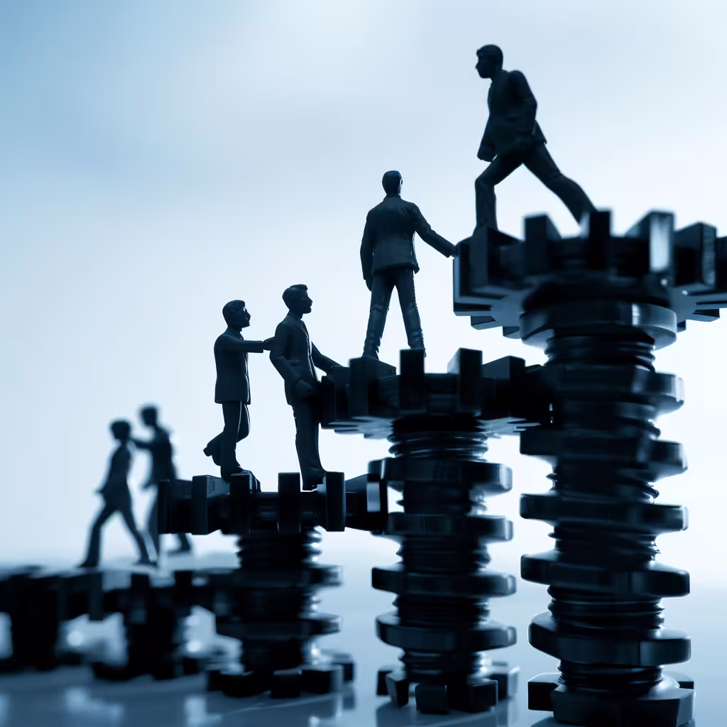 Leaders climbing levels, symbolizing the progression and growth in leadership development as part of succession planning.