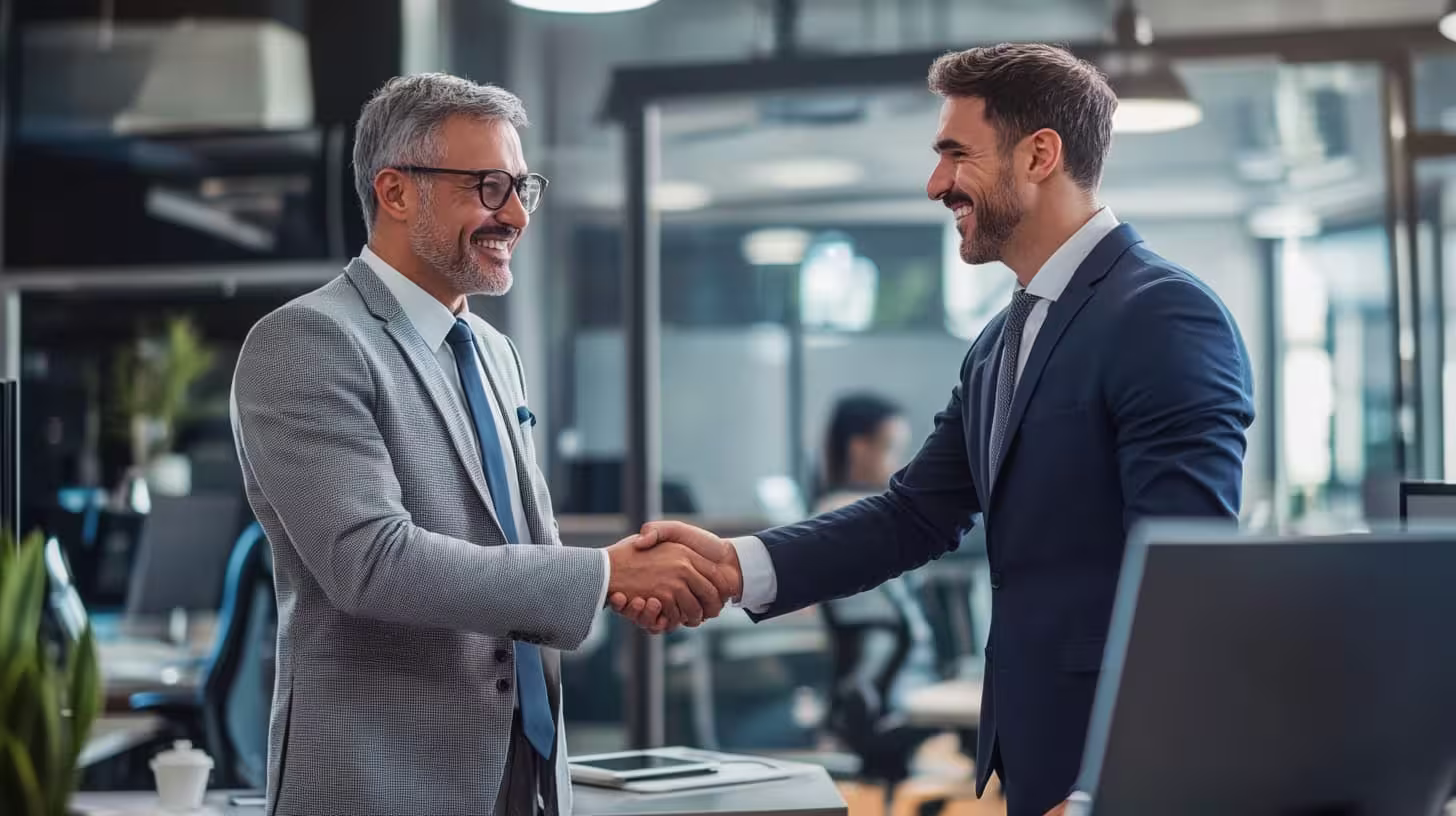 Business leader shakes hands with new employee, symbolizing talent retention and workforce integration in M&A.