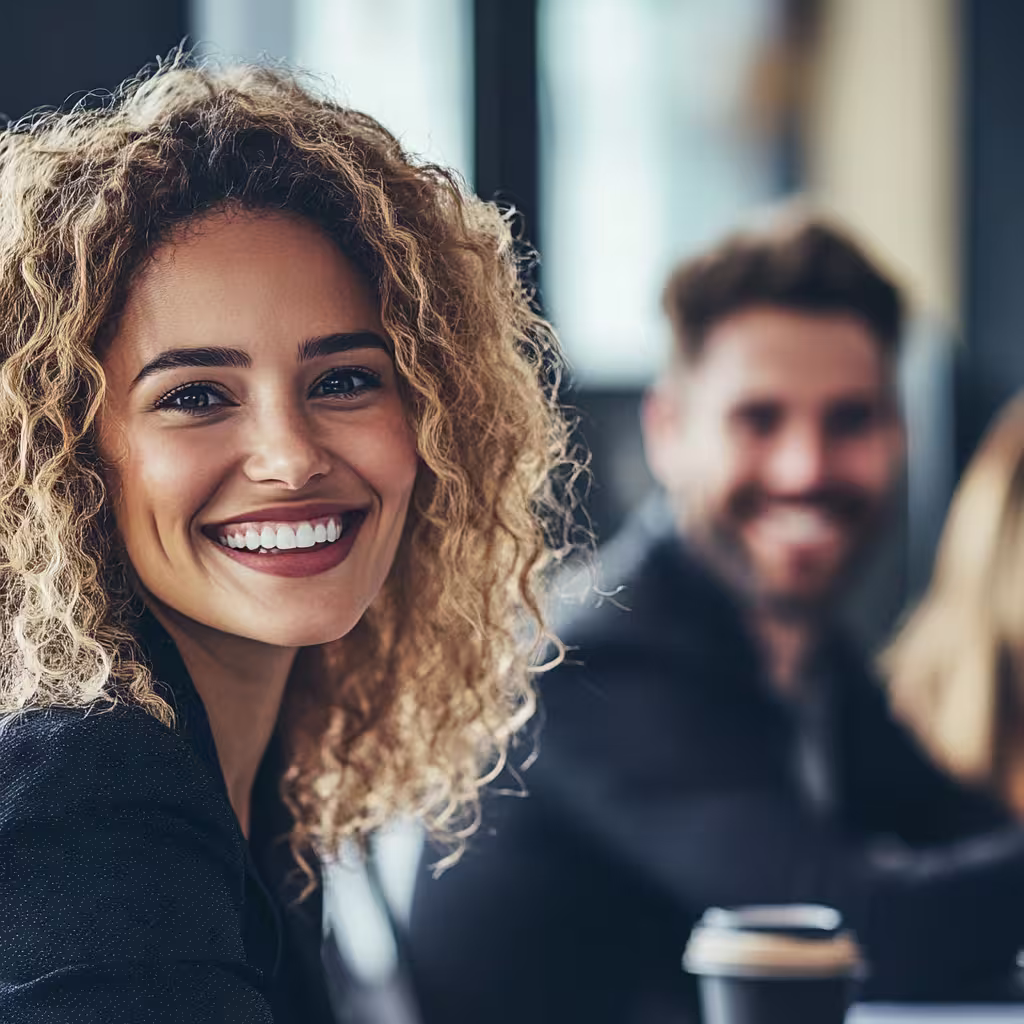 Diverse woman and while male smiling, in the office, representing a delightful feeling in their performance management strategy at work