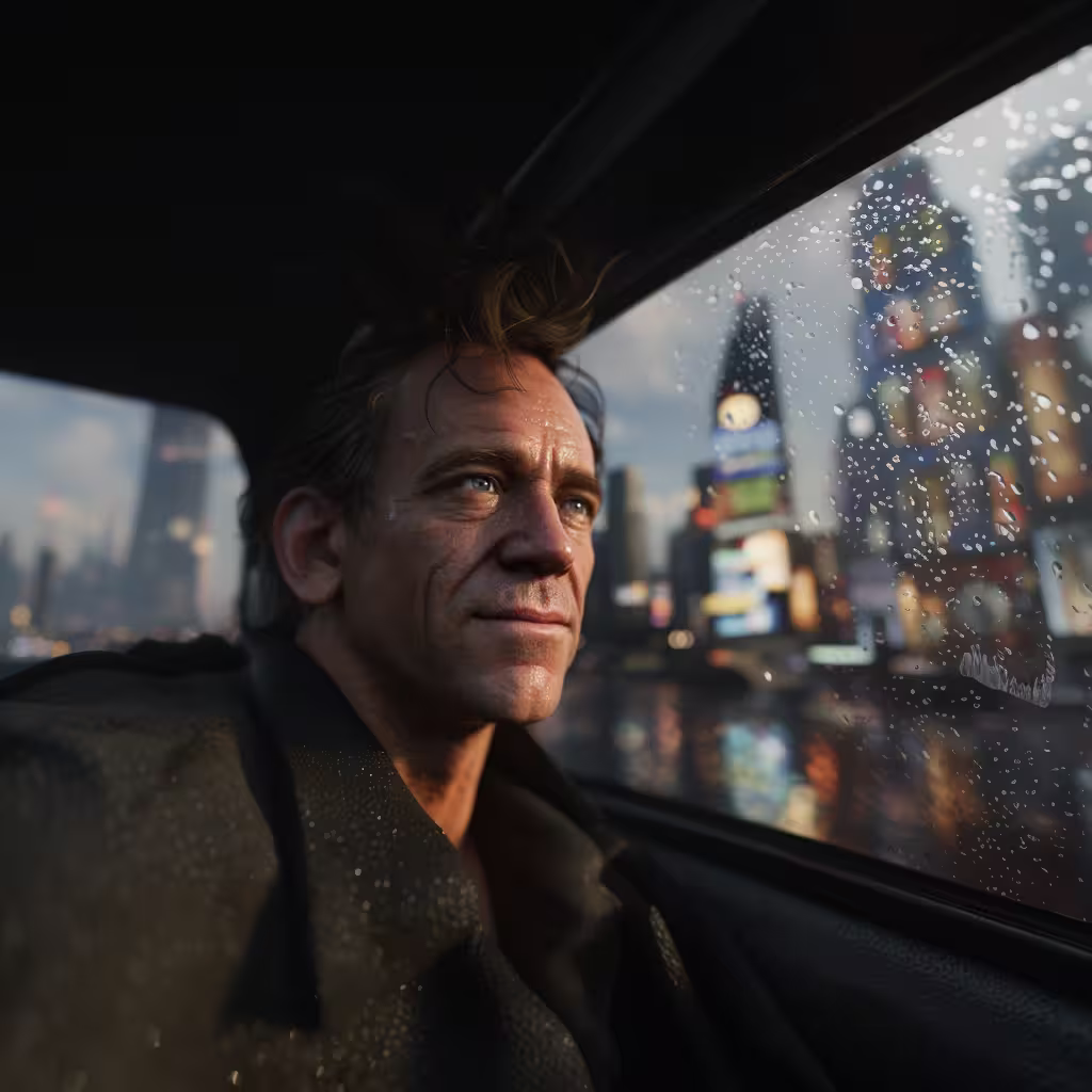 Coaching for CEOs — a CEO looking out a car window, perspiring, with a city skyline in the background, symbolizing leadership
