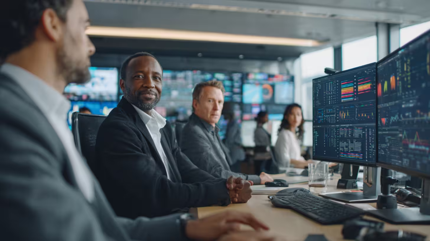 Trends in executive coaching represented by executives reviewing performance dashboards on screen for data-driven impact.