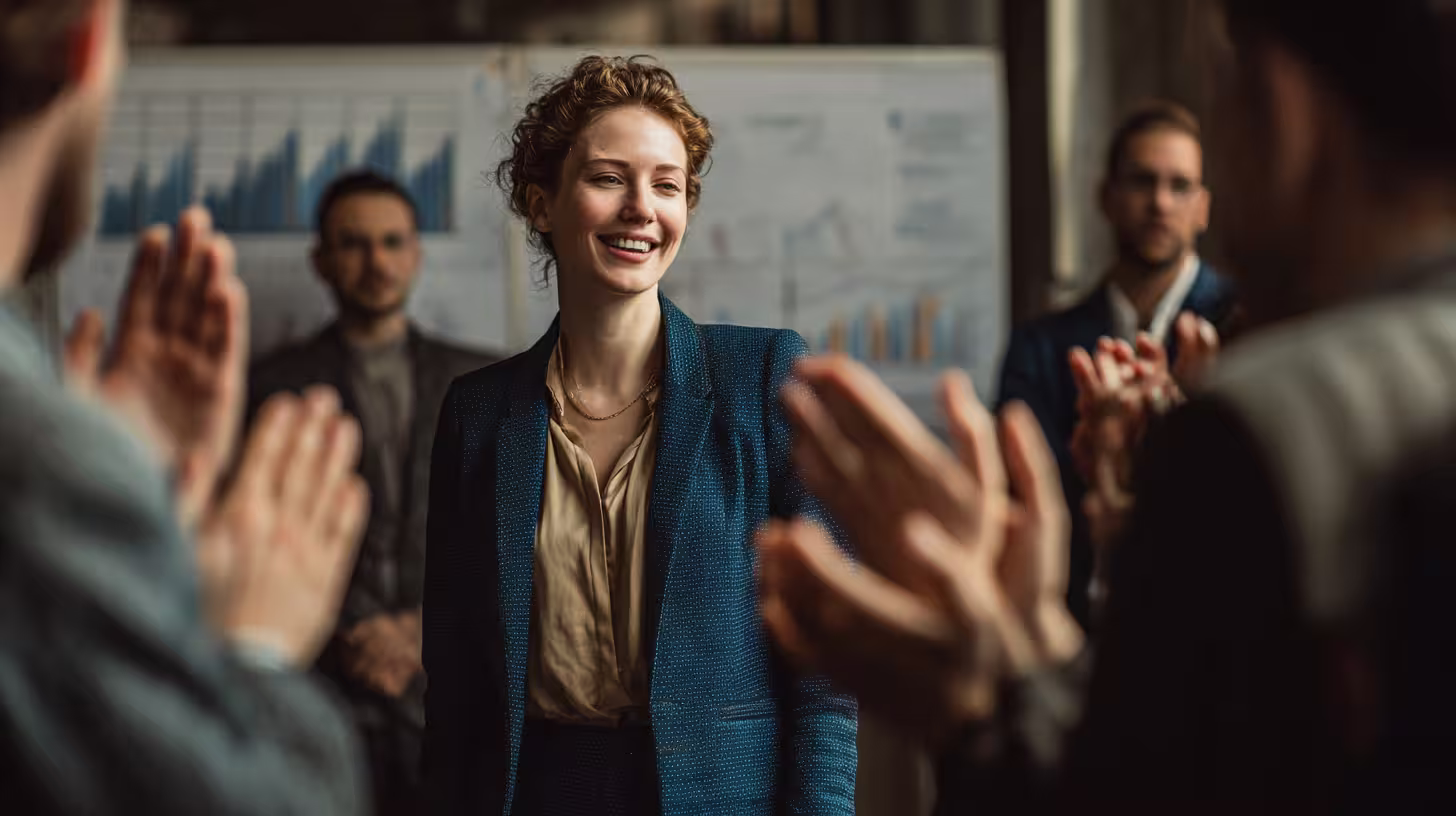 Good leadership qualities represented by happy employees clapping for their good female leader standing in the middle.