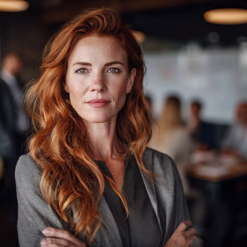 Confident woman in a professional setting, representing leadership presence and illustrating how to be more confident in high-stakes environments.