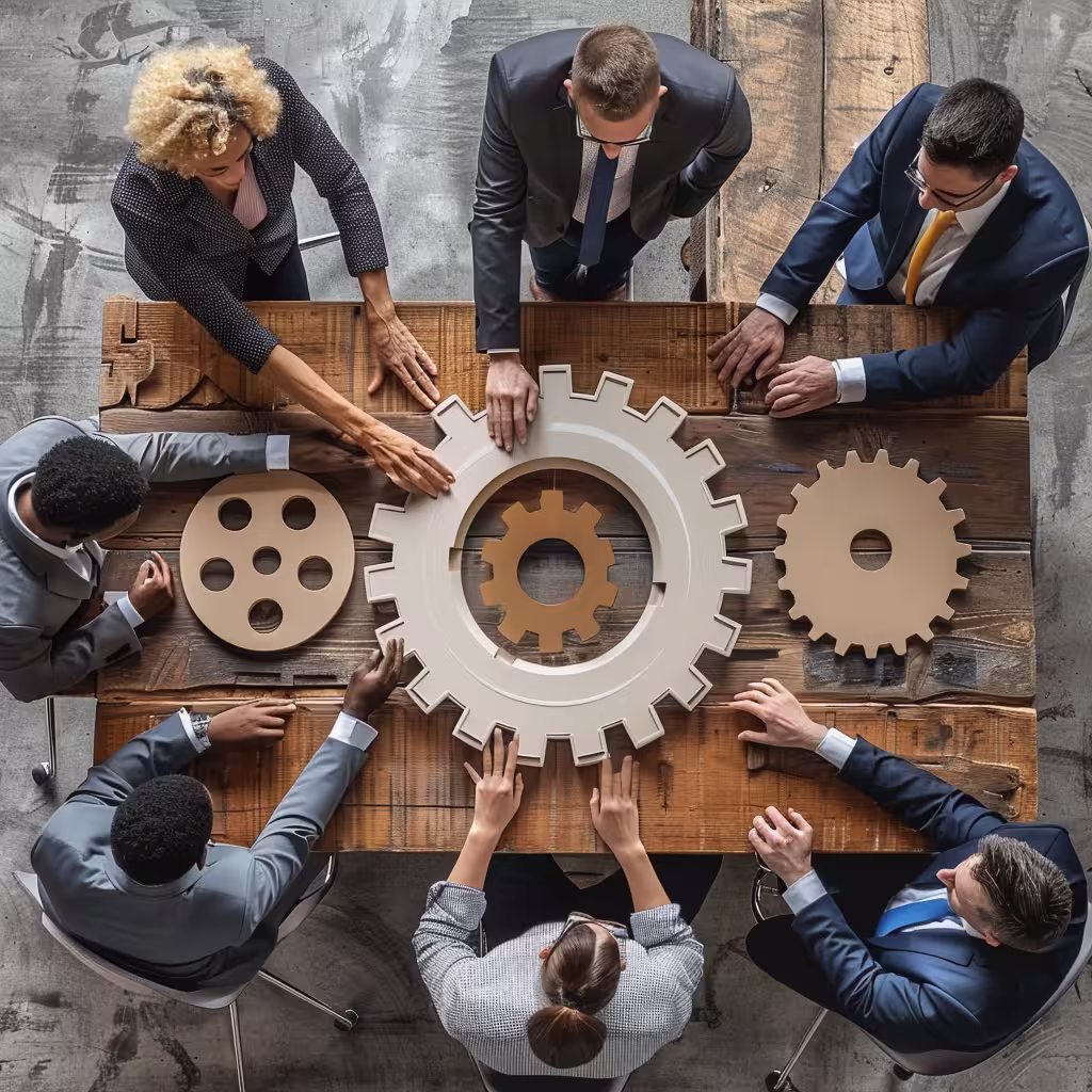 Organizational transformation represented by several leaders at the table turning gears, and setting expectations for the future.