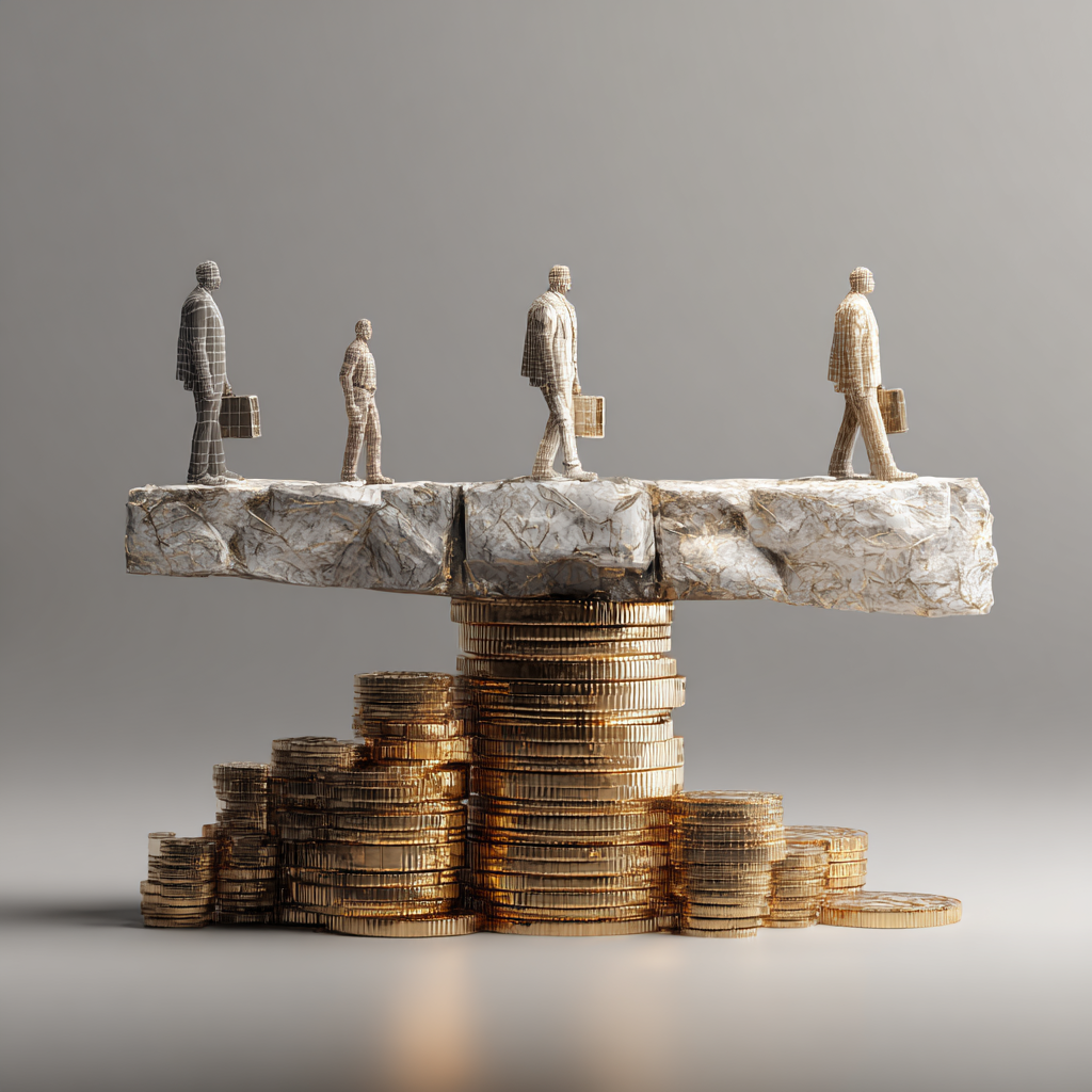 Human capital investment symbolized by golden coins scales, representing workforce value and strategic balance.