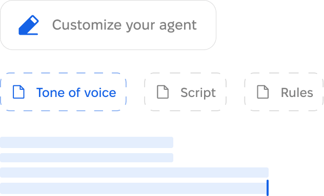 Interface with a blue pencil icon and text 'Customize your agent', tabs labeled 'Tone of voice' highlighted in blue, 'Script' and 'Rules' in gray, and blue horizontal loading bars below.