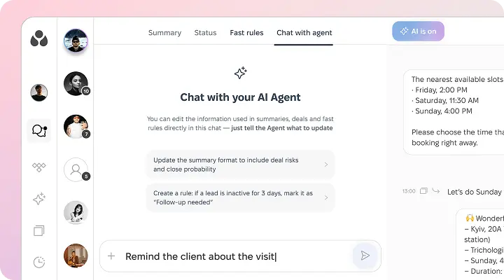 Chat interface showing 'Chat with your AI Agent' tab with editable rules like updating summary format and creating follow-up rules, plus a message input field.