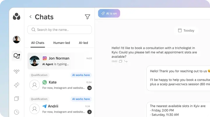 Product interface showing a conversation booking stage via chat for client with AI sales agent / AI sales assistant responding about available appointment slots.