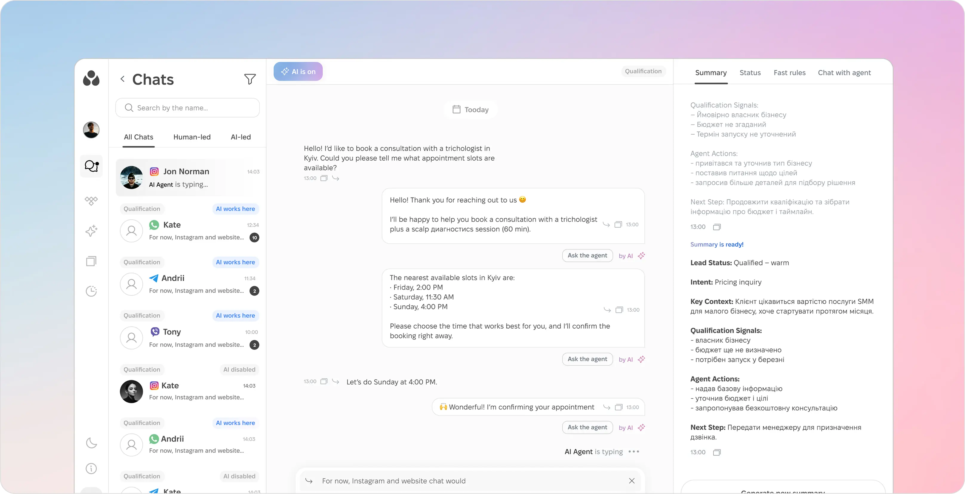 CostCare AI interface showing a conversation between a user (potential client) and an AI sales agent booking a consultation on Instagram with appointment times and qualification details.
