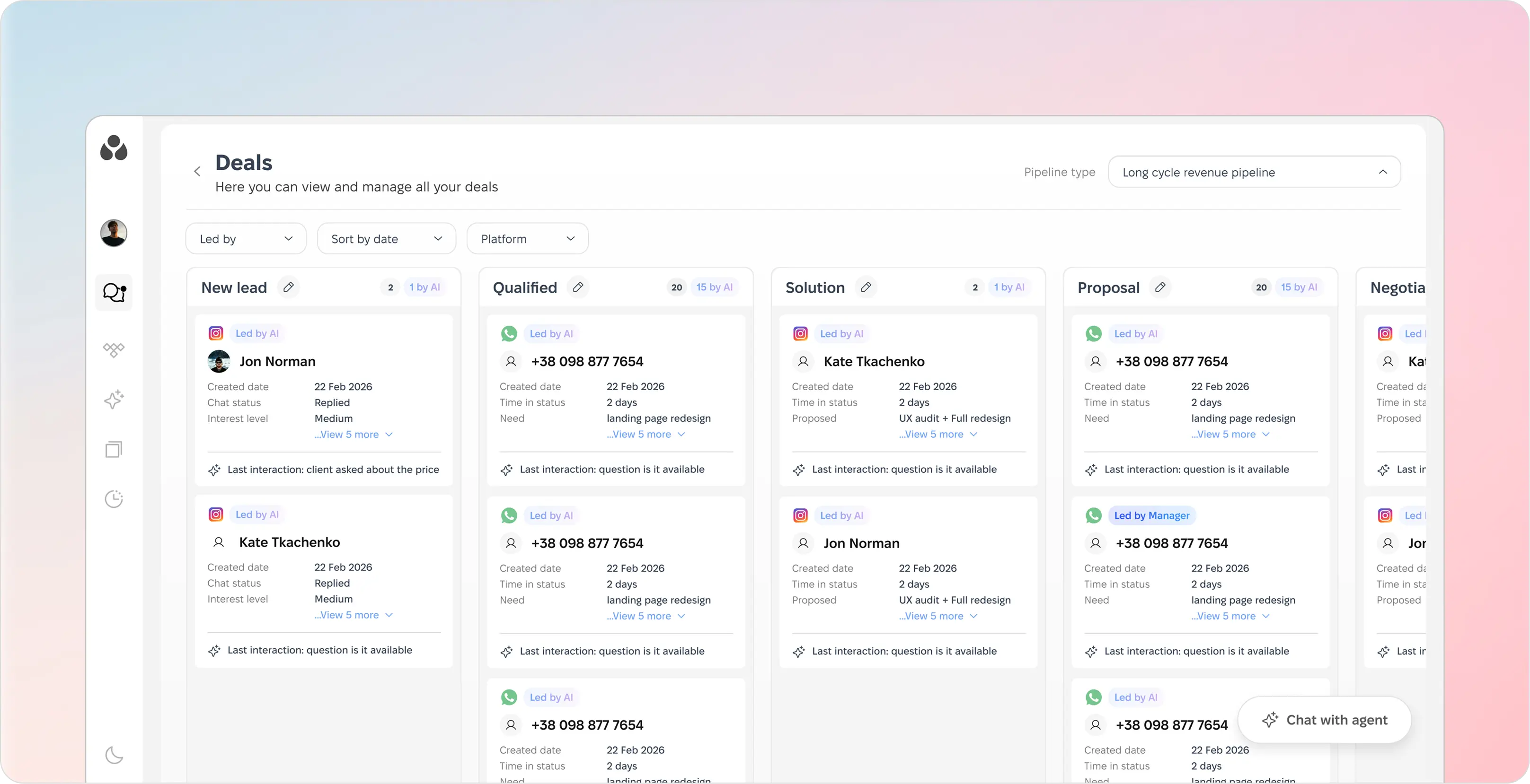 Sales management dashboard showing deals in stages: New lead, Qualified, Solution, Proposal, with client names, contact info, interaction notes, and status.