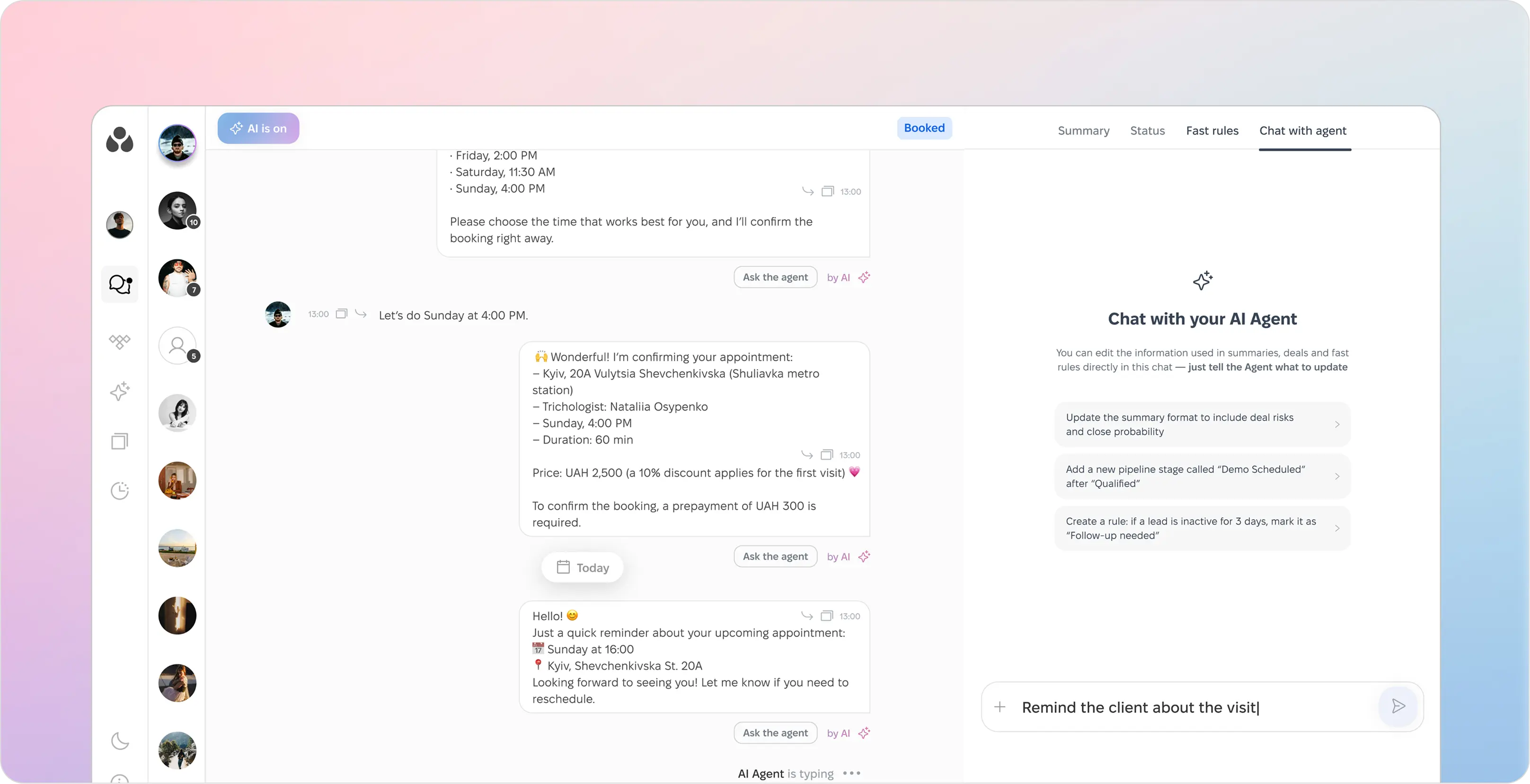 Chat interface showing an AI agent confirming a Sunday 4:00 PM appointment with a specialist, including price details and appointment reminders.