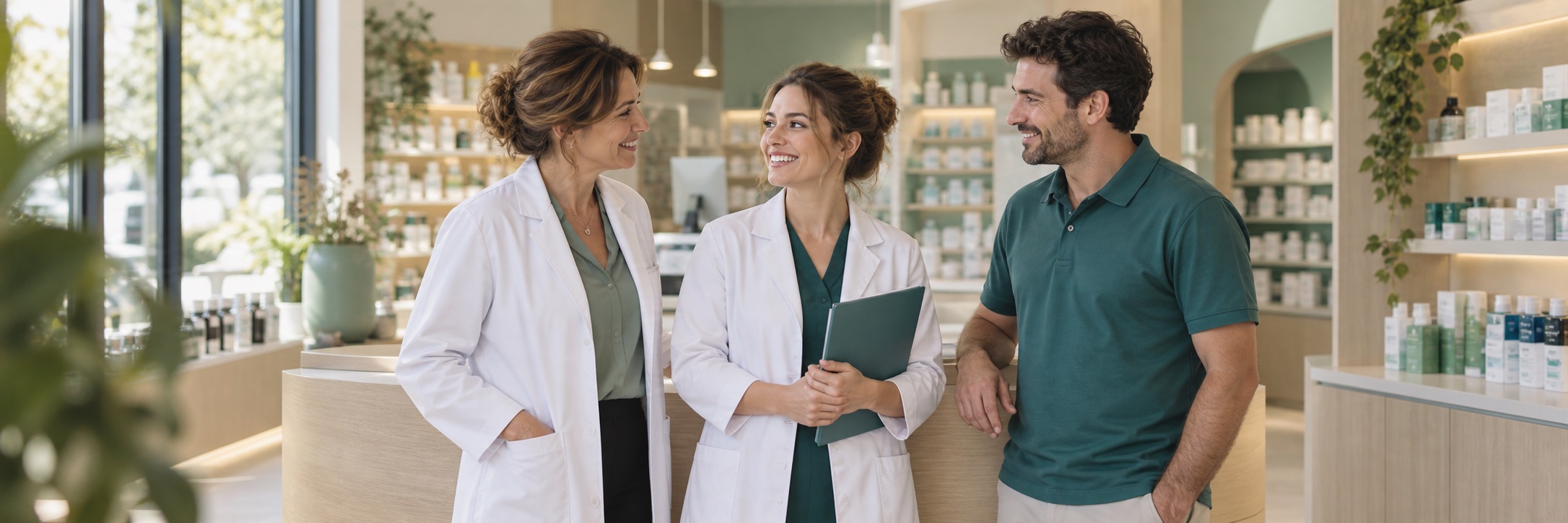 Une équipe de professionnels échange dans une pharmacie