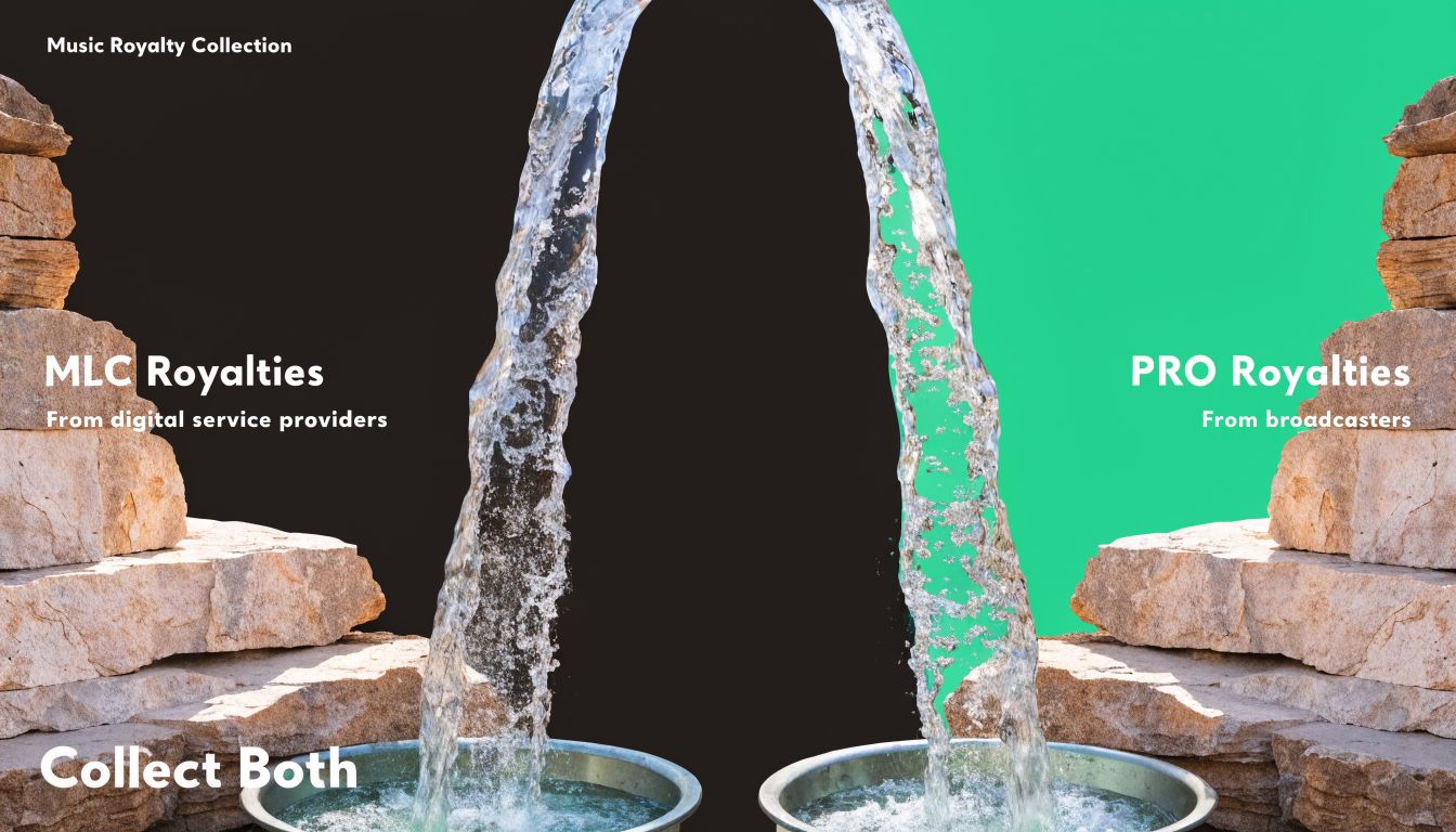 Visual representation of two streams of water flowing into buckets, illustrating MLC and PRO music royalty collection.