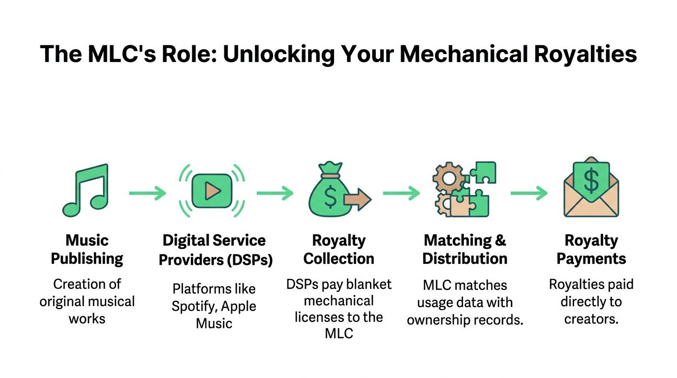 A diagram illustrating the MLC process for distributing mechanical royalties from music streaming platforms to creators.