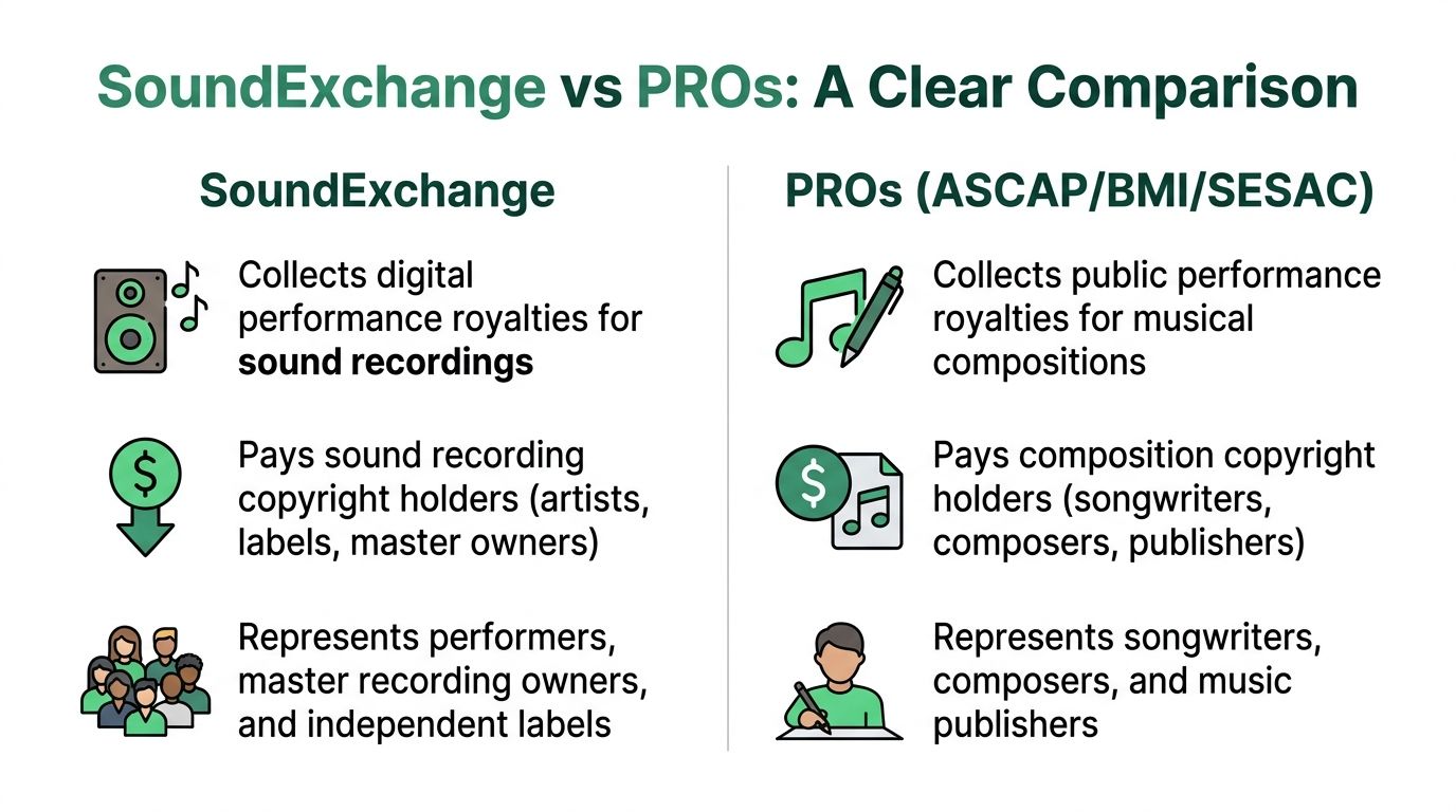 A comparison chart outlining the differences between SoundExchange and Performance Rights Organizations for music royalties.