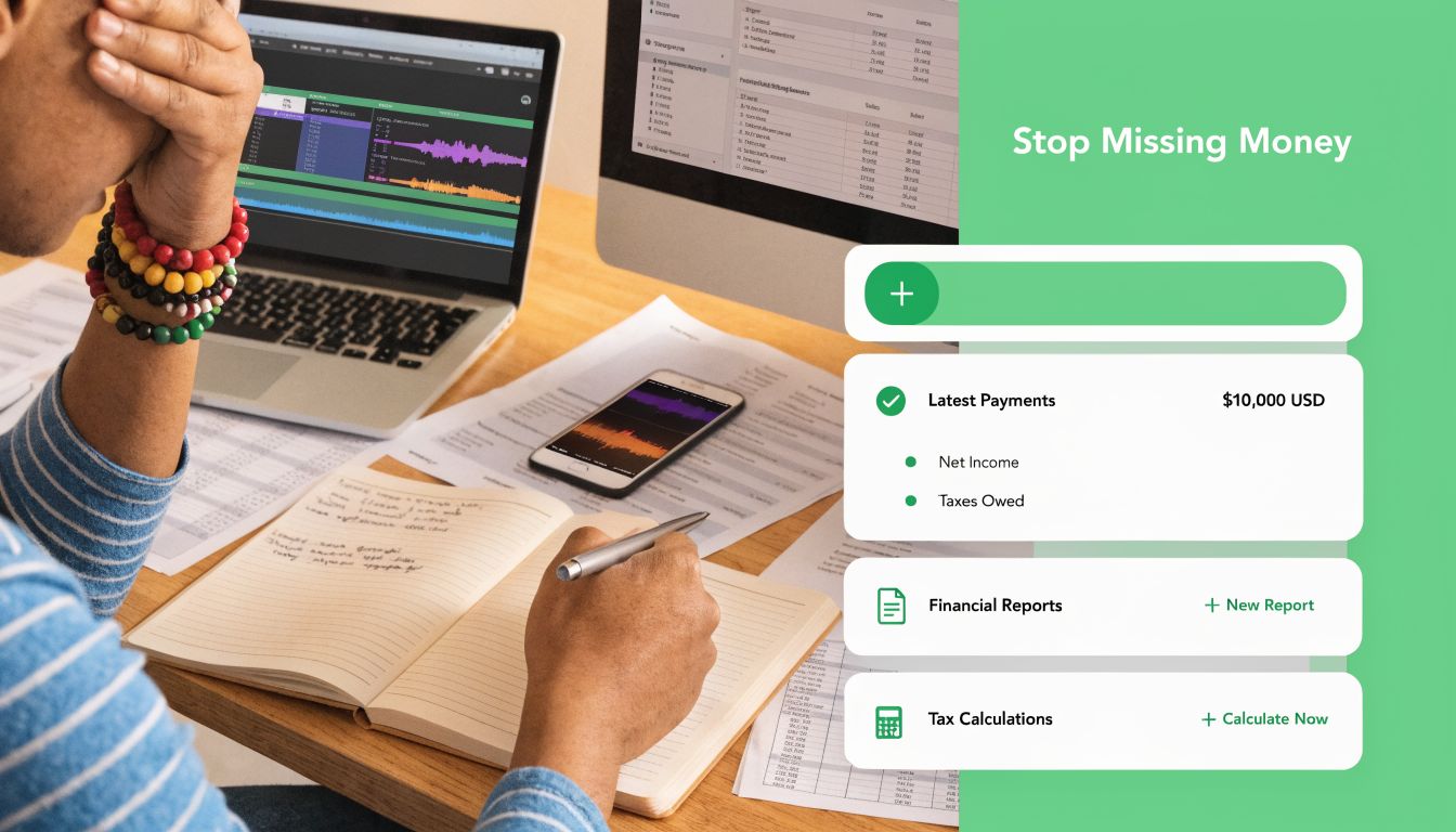 A person frustrated while working at a desk with financial data and digital accounting software tools.