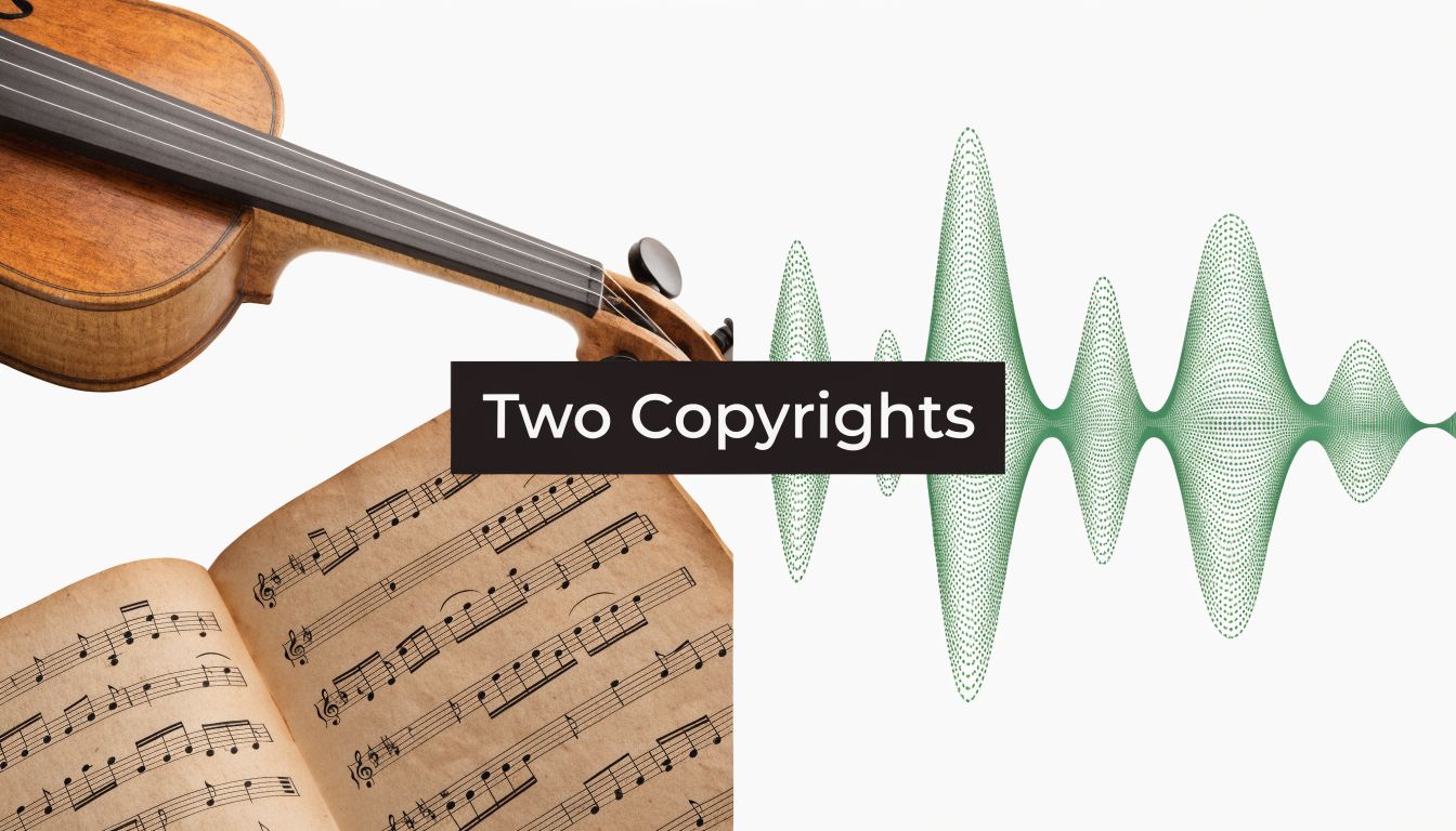 A violin, sheet music, and a sound wave representation illustrating the concept of music copyrights.