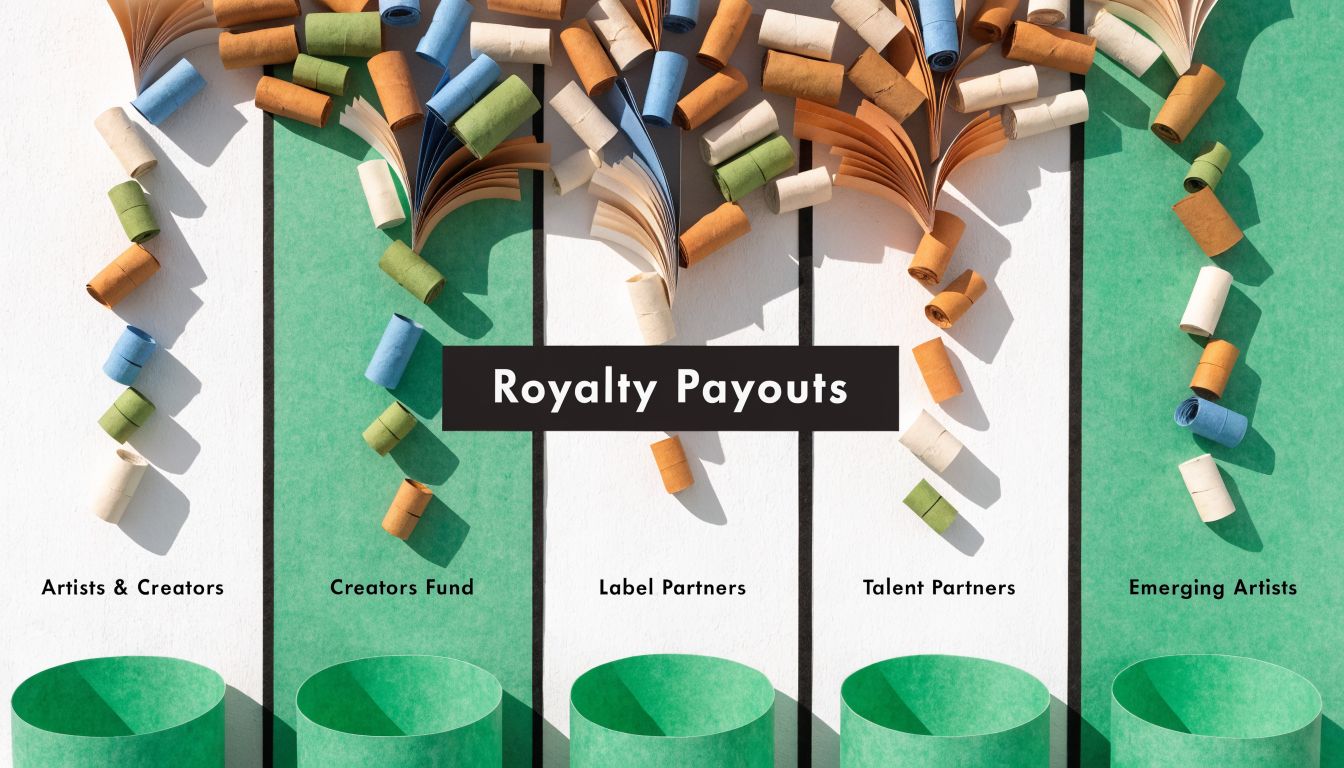 Visual representation of royalty payouts being distributed into five labeled buckets representing various music industry partners.