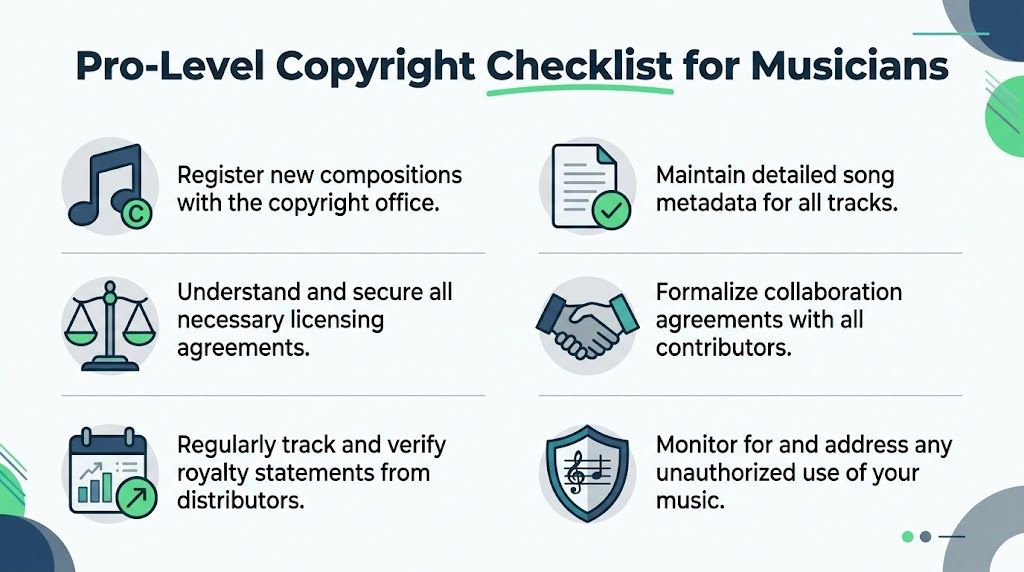 A professional copyright checklist for musicians with six essential steps for protecting their musical work and royalties.