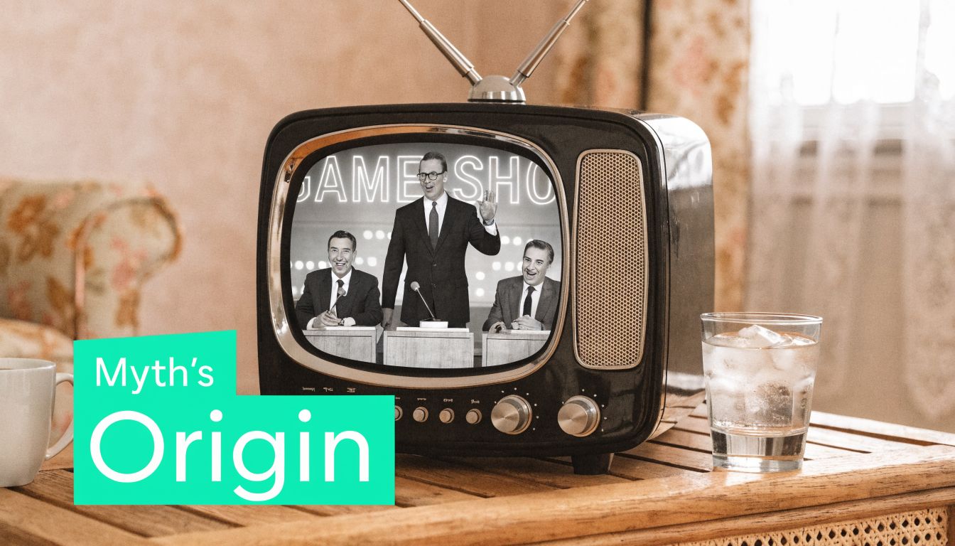 A vintage television sits on a wooden table displaying a black and white game show broadcast.