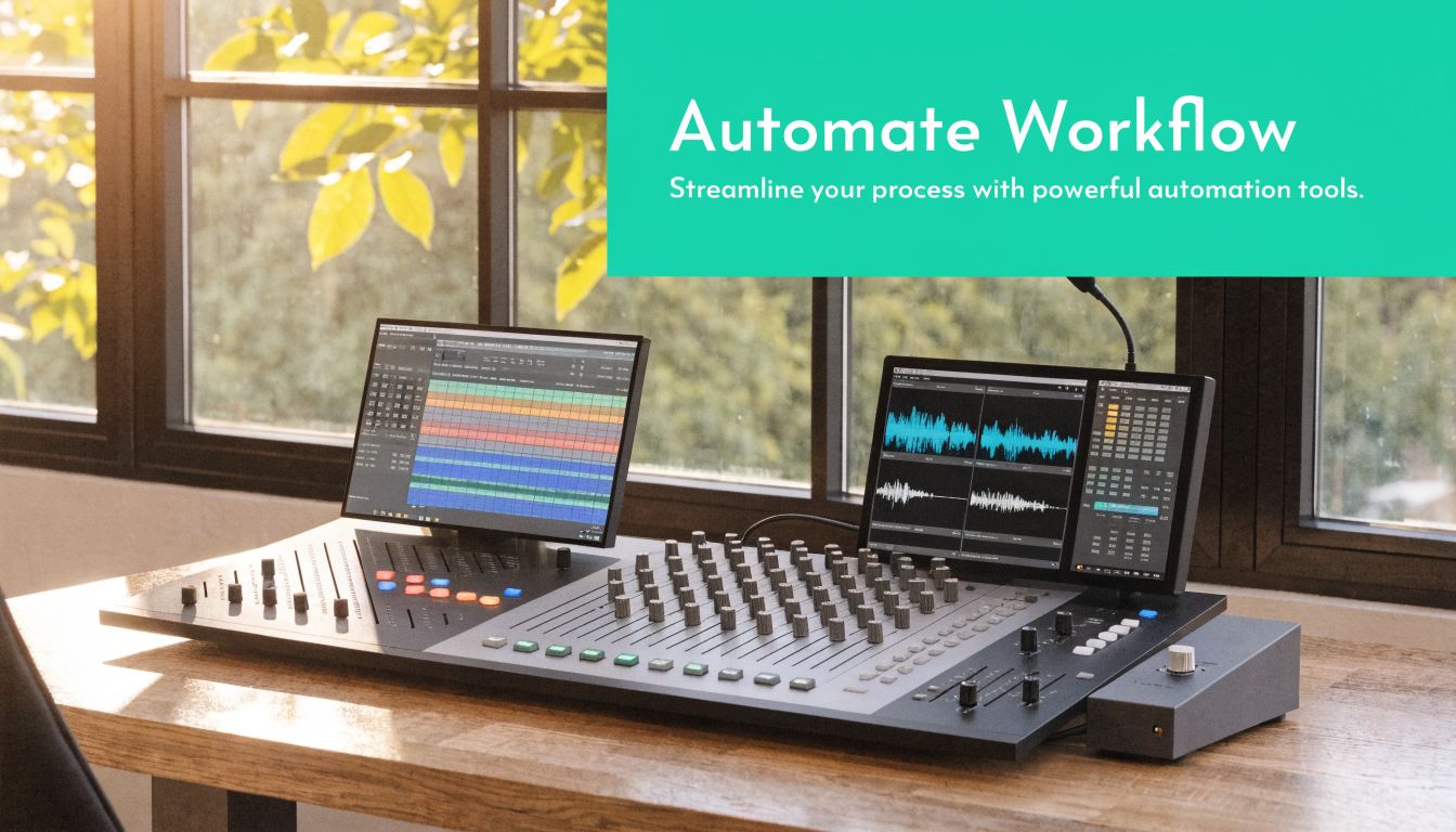 A professional audio mixing console and control surface sitting on a wooden desk near a window.