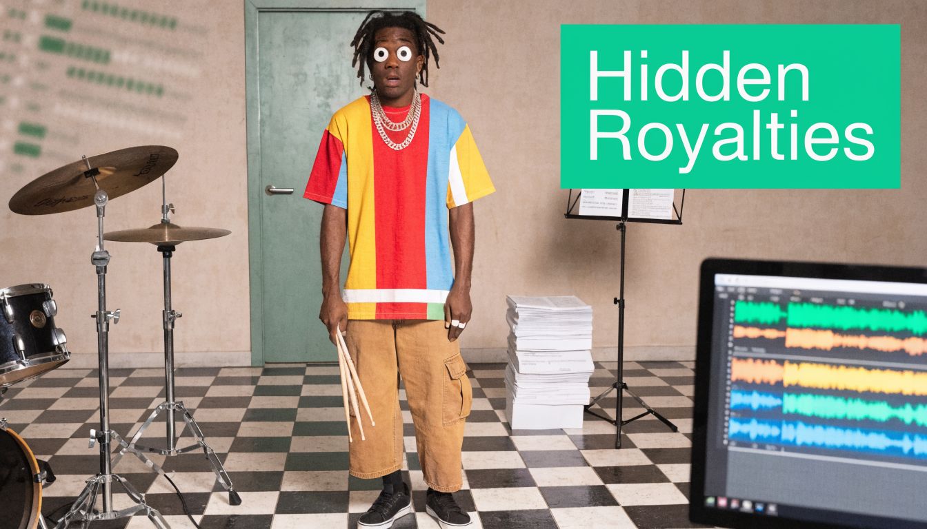 A musician with googly eyes holding drumsticks stands in a room with music production software visible.