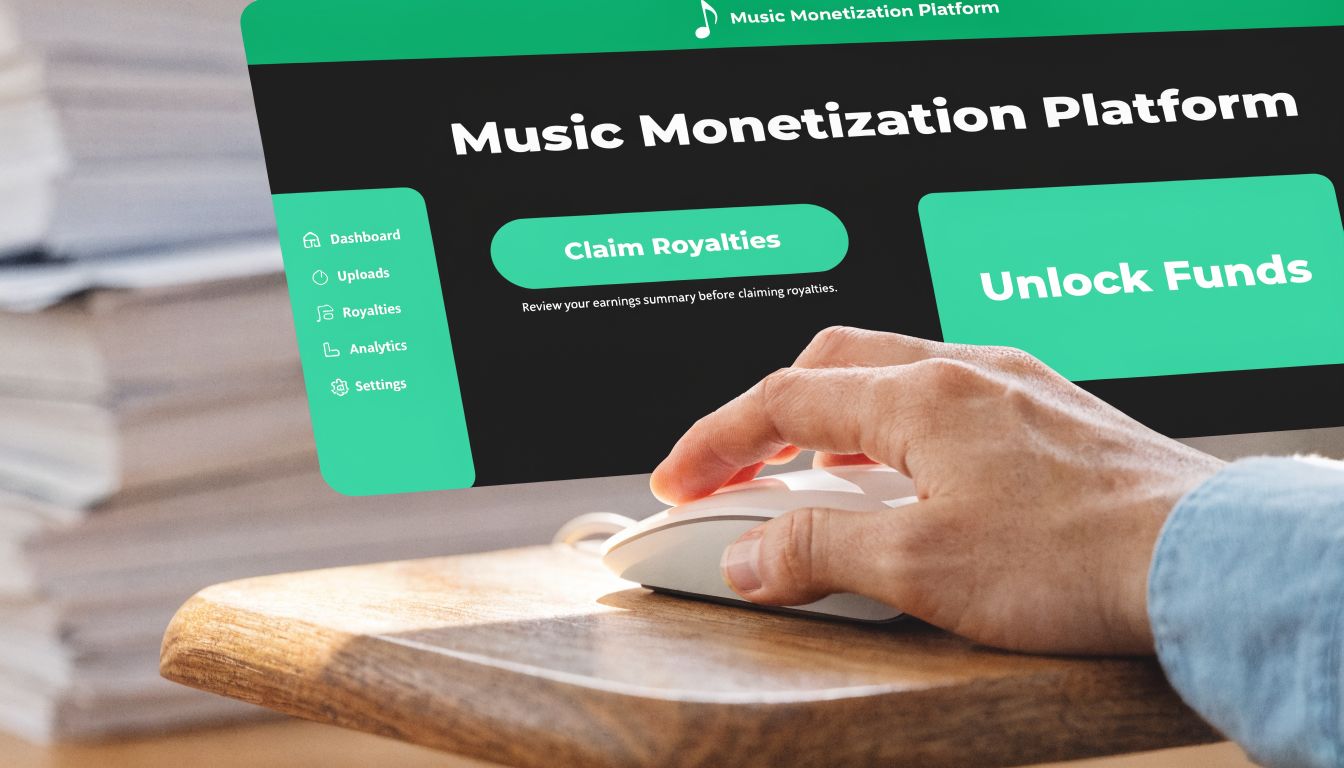 A close-up of a person's hand using a computer mouse to navigate a music monetization platform website interface.