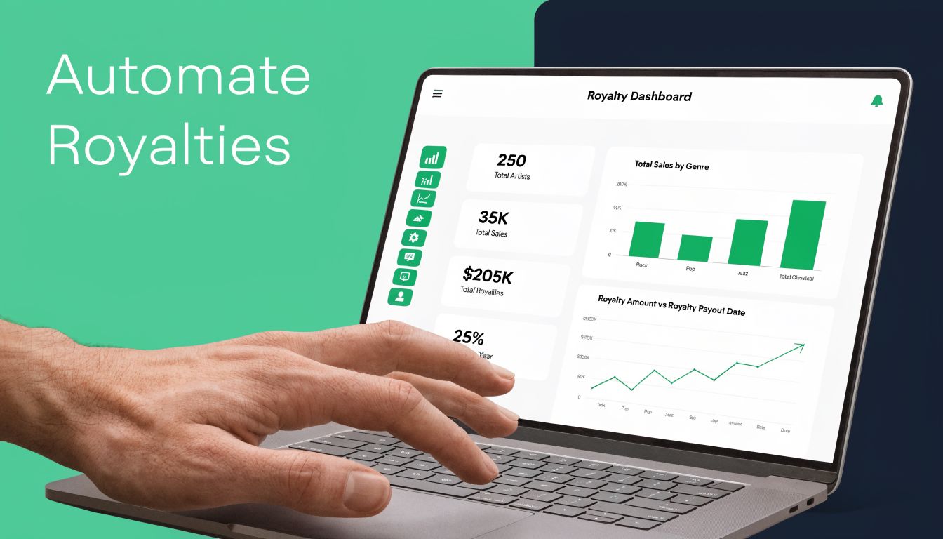 A close-up of a hand typing on a laptop displaying a royalty dashboard for managing music royalties.