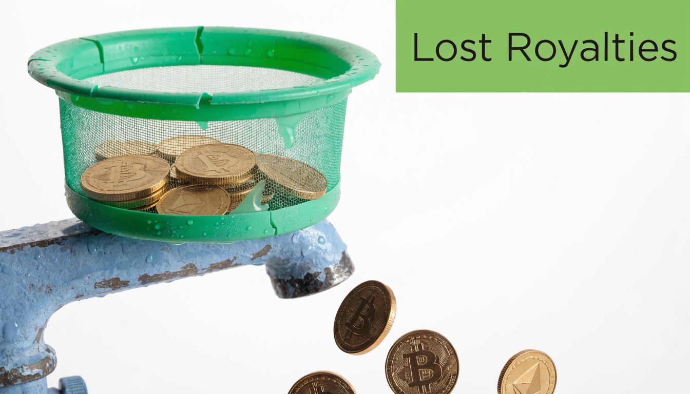 Gold cryptocurrency coins falling out of a leaky green mesh basket attached to an old faucet.