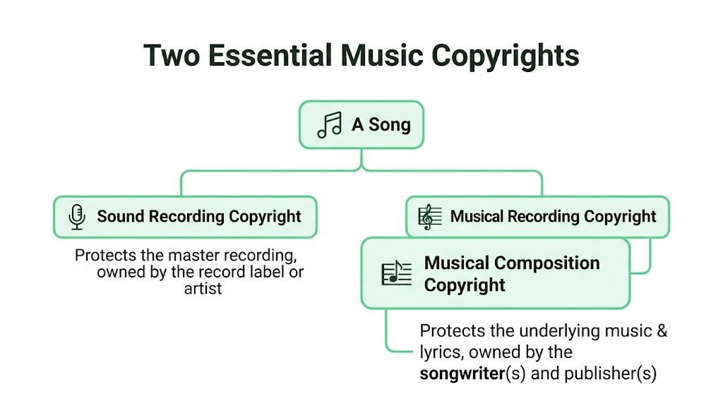 A diagram explaining the two essential music copyrights for a song: sound recording and musical composition.
