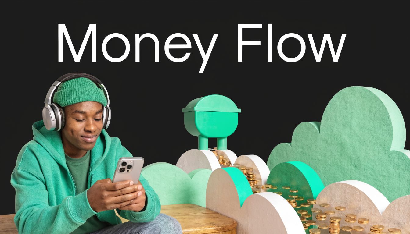 A young man wearing a green hoodie and headphones looks at his smartphone with digital money flowing.