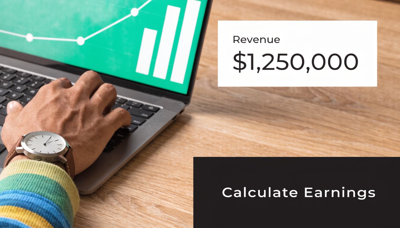 A person working on a laptop displaying financial growth charts with a revenue figure of 1,250,000 dollars.