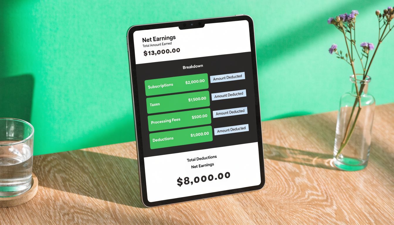 A tablet screen displaying a breakdown of financial net earnings and total deductions in a digital report.