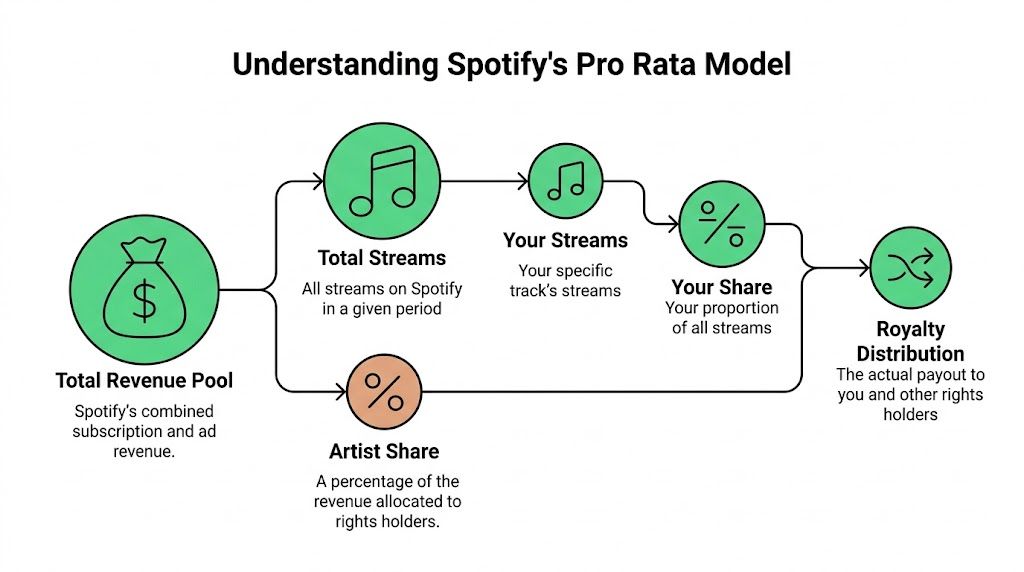 A diagram explaining Spotify's pro rata royalty model, showing how revenue is distributed to artists based on streams.
