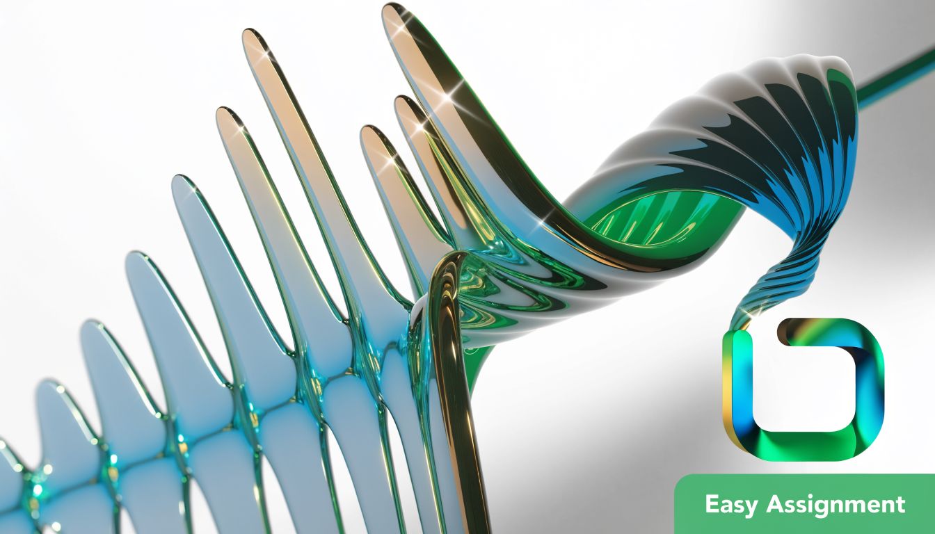 A sleek, abstract 3D metallic sculpture with teal and gold gradients against a light, neutral background.