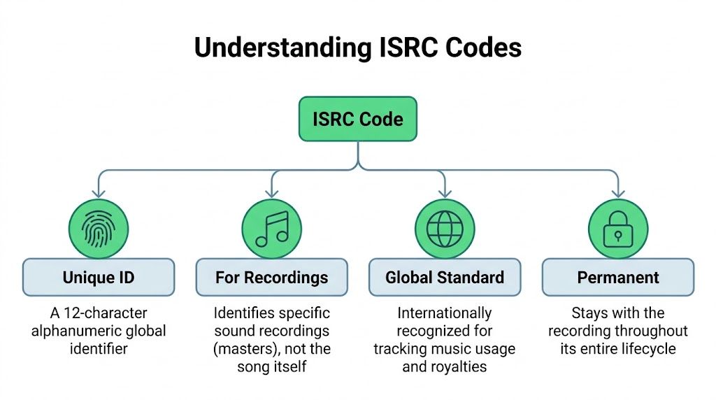 A diagram explaining ISRC codes as a unique, permanent, global standard identifier for specific music recordings.