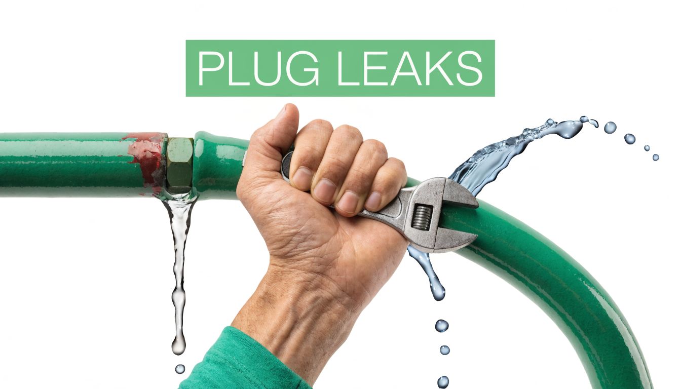 A person using an adjustable wrench on a green leaky pipe to stop the water flow.