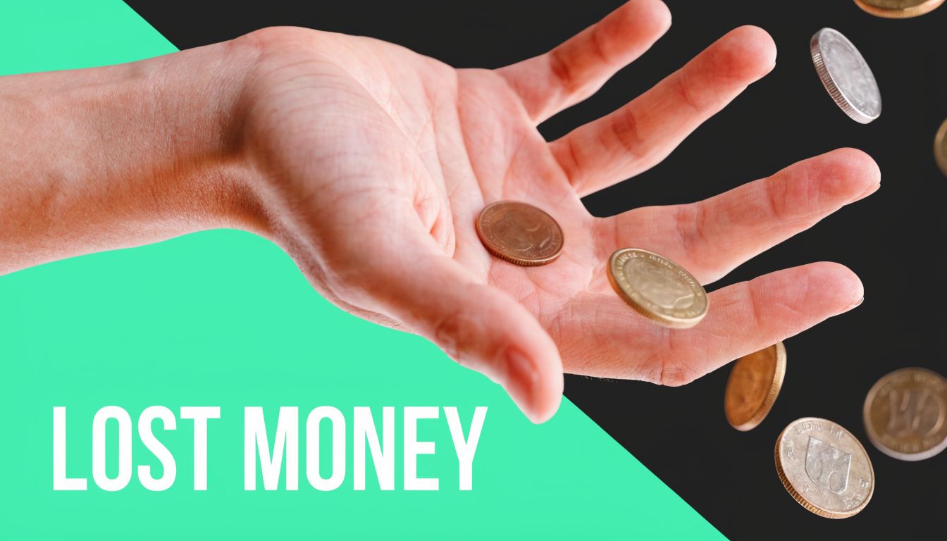 A human hand reaching out towards falling gold and silver coins against a two-tone background.