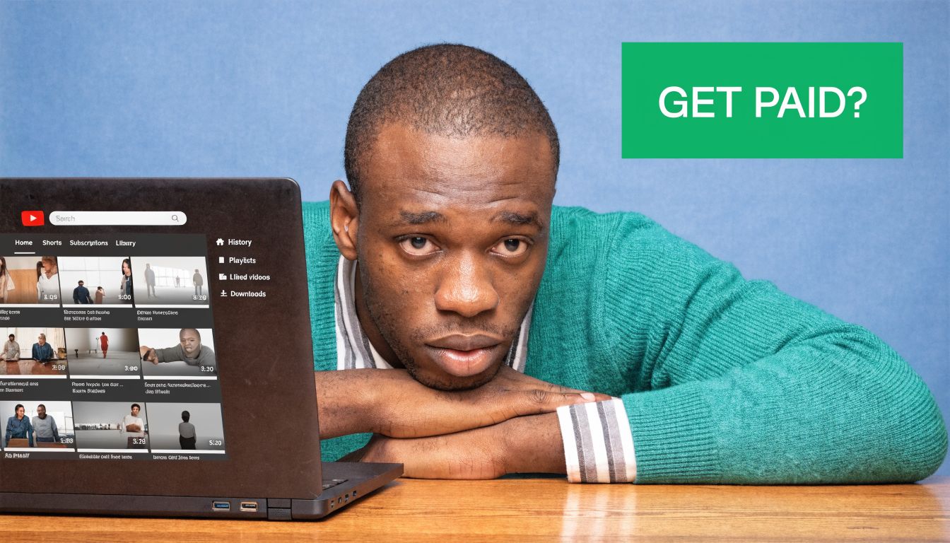 A man resting his head on his hands while looking at a laptop with YouTube interface open.