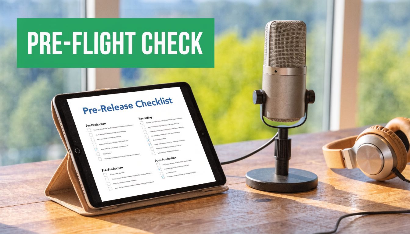 A digital tablet showing a music pre-release checklist beside a studio microphone and headphones on a desk.