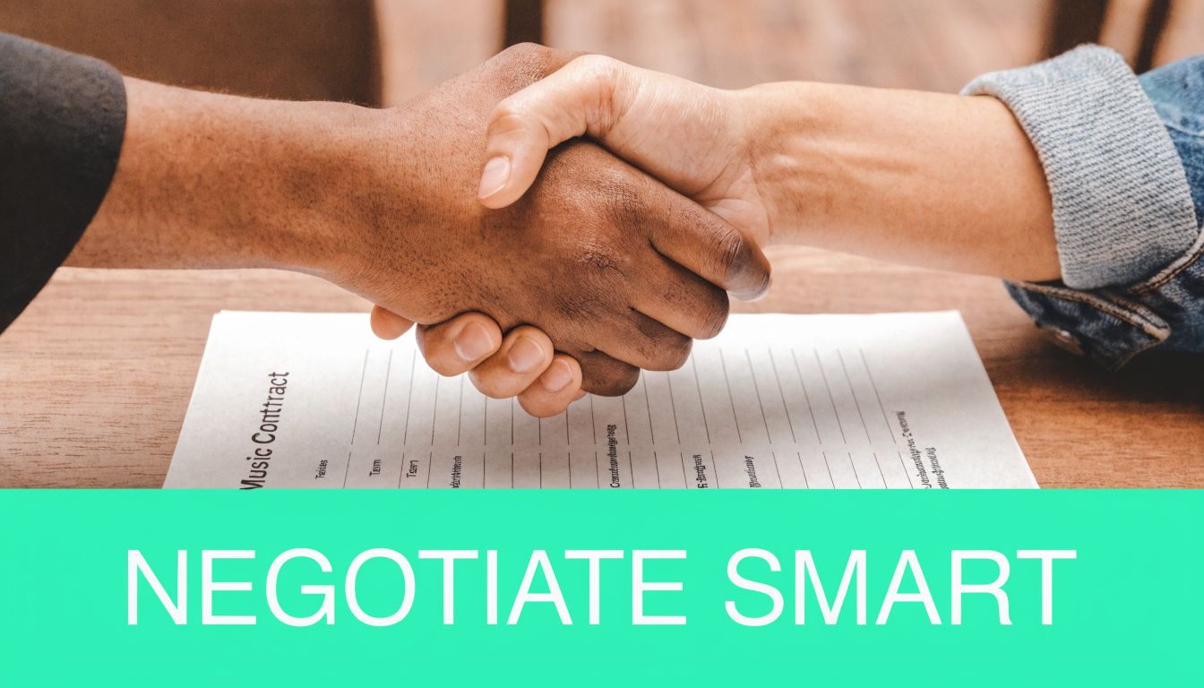 Two people shaking hands over a music contract, symbolizing a successful partnership in the music industry.